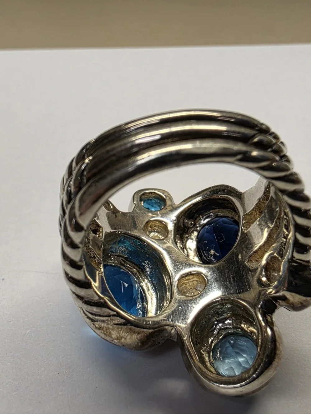Sterling Silver Mosaic Multi Blue Gemstone Cocktail Ring Size 7.5